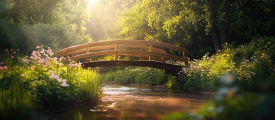 Poster - Tranquil wooden bridge crossing over a serene stream surrounded by lush greenery and blooming flowers in soft morning light