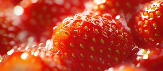 Poster - Macro closeup of vibrant ripe red strawberries with dewdrops isolated on a clean white background showcasing fresh fruit appeal