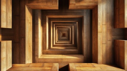 Poster - Maze Interior Design Abstract Digital Art of Converging Rectangular Shapes in Warm Wooden Tones Vertical Perspective Layout