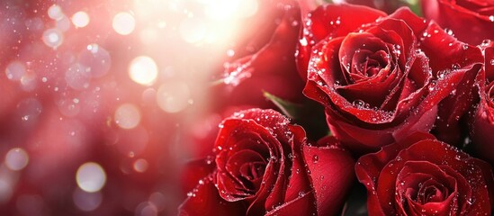 Poster - vibrant close-up of fresh red roses adorned with dew drops against a blurred sparkling background fo