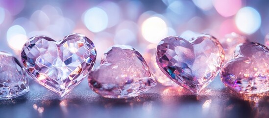 Poster - macro view of sparkling crystal hearts with soft bokeh background and ample blank space for custom t