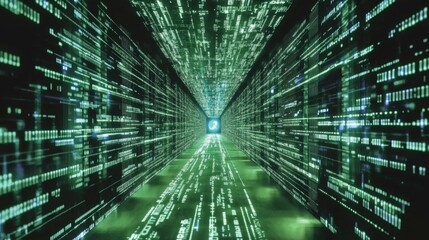 Fototapete - Merging neonlit data strands digital horizon visual art cyber environment futuristic viewpoint data integration
