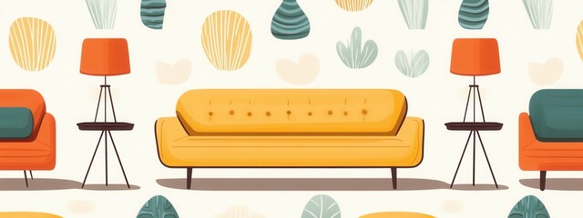Poster - Modern Home Furniture Seamless Pattern, flat illustrations of stylish sofas, tables, and lamps, perfect for interior design projects and decor.