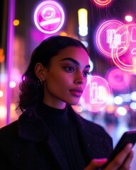 Poster - Neon Tech Aesthetic Indian Young Woman with Holographic Digital Payments in Urban Nightscape - Fintech Marketing and Smart City Lifestyle Innovation
