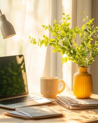 Poster - Sunlit Minimalist Home Desk Yellow Ceramic Vase with Greenery, Laptop and Notebooks - Inspiring Remote Workstation Setup for Digital Learning and Zen Productivity