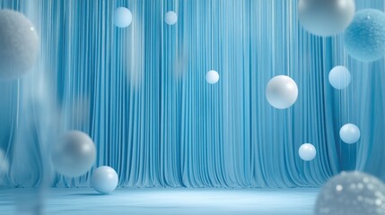 Poster - Elegant light blue backdrop with suspended white spheres for a festive or artistic collection display