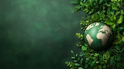 Wall Mural - A close up view of a globe shaped model of planet Earth surrounded by a lush verdant display of forest foliage leaves and greenery symbolizing the concepts of environmental conservation