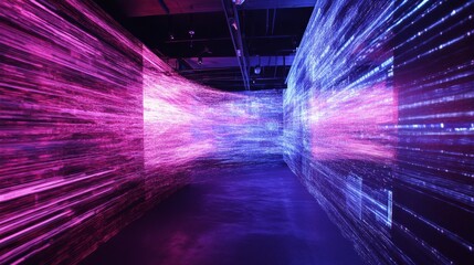 Fototapete - Merging neonlit data strands digital horizon visual art virtual reality futuristic data visualization