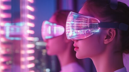 Poster - Neon Futurism Immersive VR Fitness with Reflective Tech Gear in Urban South Korea - Lifestyle Innovation and Wellness Experience Enhancement