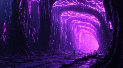 Poster - Merging neonlit data strands digital horizon art installation virtual reality immersive experience futuristic concept