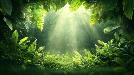 Poster - Stunning sunlit jungle landscape with lush vibrant green foliage dense vegetation and soft ethereal lighting shining through the dense forest canopy  A serene peaceful and enchanting natural scene