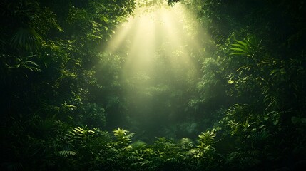 Poster - Enchanting and serene sunlit woodland landscape with lush verdant foliage and an ethereal mystical atmosphere  Rays of warm sunlight filter through the dense trees creating a magical