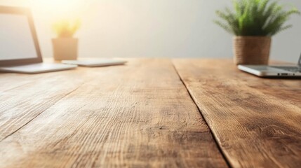 Fototapete - Minimalist Hybrid Meeting Space Natural Wood Table with Open Laptops - Business Innovation and Remote Collaboration for Modern Office Environments