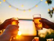 © Ryzhkov - Cozy Backyard Watch Party Friends Toasting with Beers Under Ambient String Lights - Outdoor Sports Celebration and Community Event Content
