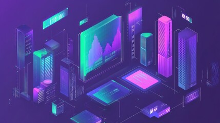 Poster - Futuristic Isometric Cityscape with Data Visualization and Network Connection