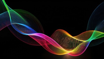Poster - colorful abstract wave of glowing light lines on black background, fluid motion, neon spectrum, digital art


