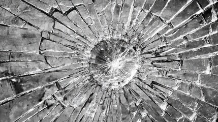 Poster - Fractured glass exhibits an intricate web of cracks that radiate outward, creating a striking visual against a black backdrop