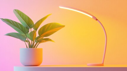 Poster - Retro-Futuristic Workspace Curved Desk and LED Lamp with Geometric Wallpaper for Stylish Home Offices - Modern Design and Remote Work Solutions