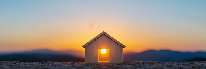 Aufkleber - Sunset Real Estate Visual Miniature Wooden House Model with Architectural Details in Natural Light - Housing Market Insights and Sustainable Property Ownership Design
