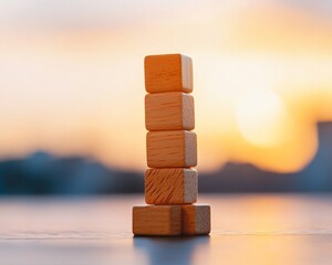Poster - Contemporary Risk Management Display Wooden Domino Blocks Tower Against Sunset - Strategic Intervention Imagery for Business Innovation and Crisis Prevention Content