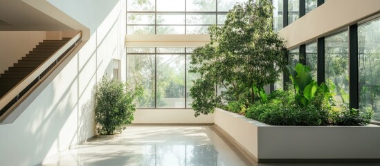 Fototapete - Minimalist Architectural Interior with Abundant Natural Light and Greenery Highlighting Open Space for Creative Text Placement