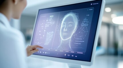 Aufkleber - Digital Facial Recognition Interface Sleek Monitor in Modern Conference Room Boosting Global Virtual Team Collaborations for Tech and Business Innovation