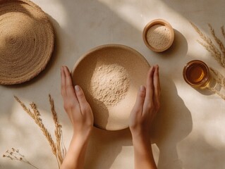 Aufkleber - Minimalist Wellness Ritual Hands Crafting Natural Ingredients in Earthy Bowls and Textured Elements - Artisan Spa Content and Eco-Friendly Lifestyle Promotion