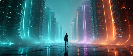 Wall Mural - a hyperrealistic, cinematic depiction of a person standing at the center of a vast, digital metropol