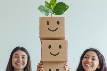 Poster - Eco-Modern Office Creativity Diverse Team Building Smiley Tower with Recycled Cardboard for Sustainable Workplace Engagement and Productive Team Bonding