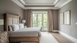 © DigitalDruid - Elegant Minimalist Bedroom Design Featuring Gray Walls and Wooden Furniture Elements