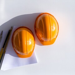 Aufkleber - Industrial Minimalism in Construction Vibrant Safety Helmets on Pristine White Surface - Workplace Safety Design and Professional Project Planning Content
