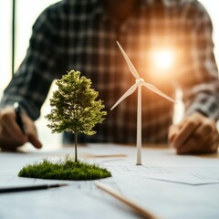 Aufkleber - Modern Eco-Design Workspace Engineering Blueprint with Windswept Turbine and Tree Models - Sustainable Planning and Green Energy Solutions for Innovative Environmental Projects