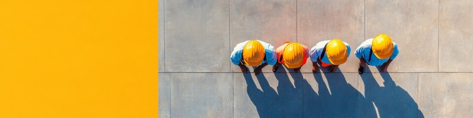 Aufkleber - Vibrant Industrial Coordination Top-View of Diverse Construction Crew with Safety Helmets on Textured Concrete - Dynamic Workplace and Communication Innovation