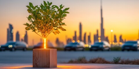 Aufkleber - Futuristic Urban Commute Electric Vehicles Charging in LED-Lit Cityscape with Green Architecture for Sustainable Development Insights