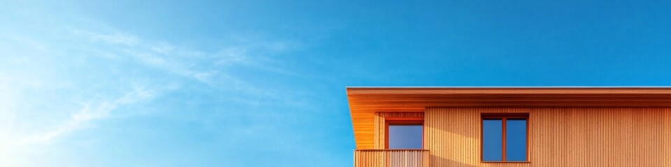 Poster - Scandinavian Minimalist Home Design Vibrant Wooden Siding and Rooflines Against Azure Sky - Modern Architecture Content for Construction Industry and Digital Marketing