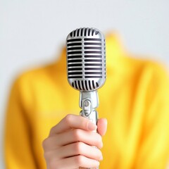 Aufkleber - Retro-Chic Fun at Work Female Collaborator with Vintage Microphone and Vibrant Office Chart - Modern Team-Building Content and Dynamic Workplace Engagement