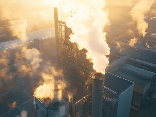 An industrial scene at sunset, showing smoke billowing from factory chimneys, highlighting pollution and environmental concerns.