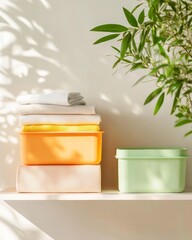 Poster - Minimalist Urban Micro-Apartment Shelving Color-Coded Storage Boxes and Neatly Folded Clothes for Sustainable Home Organization and Real Estate Marketing