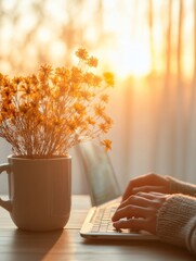 Aufkleber - Warm Minimalist Workspace Hands Typing on Laptop with Floral Decor - Streamlined Digital Banking Experience and Financial Efficiency for Modern Professionals