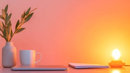 Fototapete - Serene Hybrid Learning Setup Warm Minimalist Workspace with Laptop and Lamp - Elevate Remote Education and Enhance Virtual Classroom Experiences