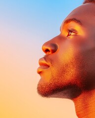 Poster - warm gradient portrait close-up of young adult in sunlit profile with vibrant sky - socially conscio