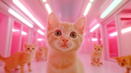 Aufkleber - Futuristic Adorable Kitten Exhibit Neon Pastel Habitat in Holographic Pet Adoption Center - Innovative Pet Tech and Engaging Digital Campaigns for Animal Welfare Initiatives