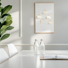 Aufkleber - Minimalist Office Setup Glass Bottles and Notepad on White Desk with Green Plant - Creative Business Innovation and Eco-Friendly Workplace Design