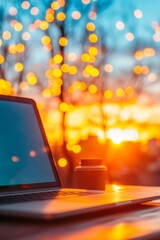 Fototapete - Sunset Tech Aesthetic Sleek Laptop and Modern Cup in Vibrant Outdoor Setting - Climate Data Analysis and Professional Digital Display for Eco-Friendly Business Solutions