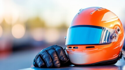 Poster - Dynamic Motorsport Moment Vibrant Racing Helmet and Gloves on Steel Surface - High-Speed Gear Visuals for Sports Marketing and Professional Race Equipment Promotion