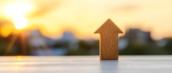 Poster - Warm Minimalist Real Estate Growth Wooden Arrow Symbolizing Property Investment on Sunlit Surface - Finance Trends and Modern Housing Market Strategy