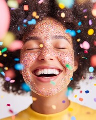 Aufkleber - Vibrant Office Humor Black Woman with Glitter Freckles Laughing Amid Confetti Explosion - Modern Team Building and Creative Workspaces Inspiration