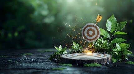 Poster - Magical forest scene with wooden target and flying arrow amidst lush green foliage moss covered log and sparks of light representing growth new opportunities