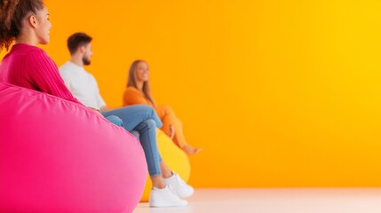 Poster - Bright Modern Workspace Diverse Team Brainstorms on Vibrant Bean Bags - Casual Office Culture and Dynamic Marketing Content for Creative Industries
