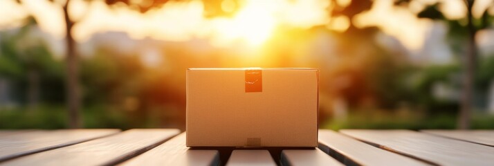 Aufkleber - Golden Hour Parcel Display Cardboard Box on Rustic Wood with Sunlit Backdrop - Logistics Hub Content and Automated Sorting for Modern E-commerce Solutions